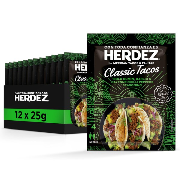 HERDEZ Classic Tacos Seasoning 25 G | Serves 4 | Pack of 12 | Bold Cumin, Garlic & Cayenne Chilli Peppers Seasoning | For Mexican Tacos & Fajitas
