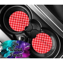 Unbranded Red Retro Checkered Patterned Print Car Coasters Set Of 2 Cup Holder Car Gift