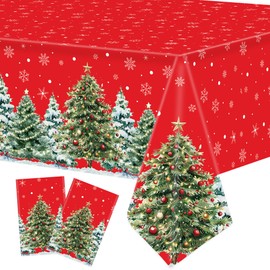 2 Pack Christmas Plastic Tablecloths 54 X 108inch Xmas Tree Snowflakes Disposable Table Cover Red Rectangle Tablecloth Decorations for Home Christmas Holiday Party Supplies