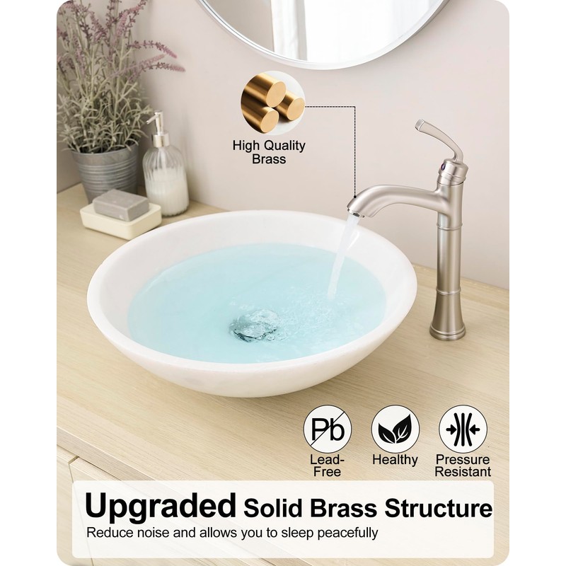 HEYMYTAP Brass Vessel Sink Faucet Brushed Nickel, Single Handle Tall