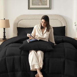 SunStyle Home Black Queen Comforter Set - 7 Pieces Bed in a Bag, Lightweight Goose Down Alternative Bedding Sets with All Season Box Stitched Comforter, 1 Flat Sheet, 1 Fitted Sheet, 4 Pillowcases