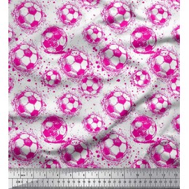 Soimoi Pink polyester Crepe Fabric Brush Stroke & Football Sports Print Fabric by metre 42 Inch Wide