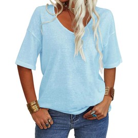 Danedvi Women Fashion V-Neck Half Sleeves Oversized T Shirt Solid Casual Loose Basic Tops Light Blue