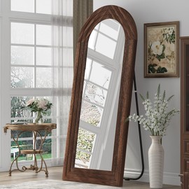 ZHUNFA Arched Full Length Mirror with Solid Wood Frame, 65x22 Farmhouse Wall Mounted Floor Mirror with Stand, Vertical Hanging, Leaning Standing for Bedroom, Living Room, Brown