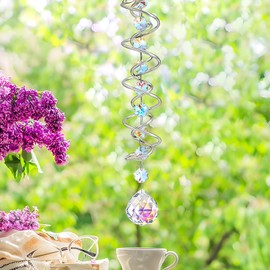 Crystal Sun Catcher 17.7Inch Garden Hanging Ornaments Gazing Ball Spiral Tail for Birthday Party Christmas Indoor Outdoor Garden Decoration