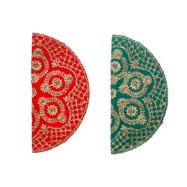 Set of 2 Round Red and Green Velvet Pooja Cloth Mat Aasan Decorative Cloth for Multipurpose Pooja Indian Traditional Festival Decorations Item & Article (Size:- 11 Inches X 11 Inches Diameter)