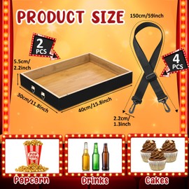 2 Pcs Halloween Snack Trays with Straps 15 x 11 x 2 Inch Wooden Movie Night Snack Drink Trays Vendor Usherette Popcorn Drink Beverage Carrier for 20's Theme Carnival Party Costume(Black)