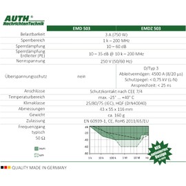 AUTH Mains Filter Universal Broadband Adapter Plug (3 A, 9 K - 200 MHz with Surge Protection (SPD), Anthracite)
