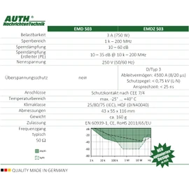 AUTH Mains Filter Universal Broadband Adapter Plug (3 A, 9 K - 200 MHz with Surge Protection (SPD), Anthracite)