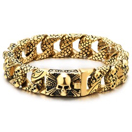 COOLSTEELANDBEYOND Gold Black Snake Skin Pattern Curb Chain Mens Large Steel Bracelet with Pirate Skull Clasp