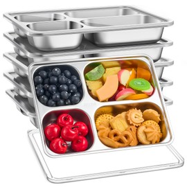 Reallnaive 6 Pack Stainless Steel Lunch Box for Kids Bento Box Metal 4 Compartment Snack Containers with Lids Adults Reusable Leak-resistant Divided Meal Food Fruit for Home Travel Work