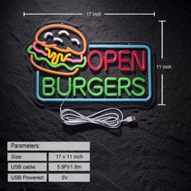 Burgers Open Neon Sign for Wall Décor Dimmable Business Hamburger Food Shop LED Neon Light USB Powered Neon Art Signs Decor