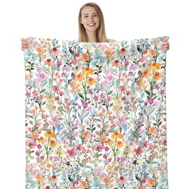 Whaline Floral Fuzzy Blanket Watercolor Flower Throw Blanket Colorful Wildflower Soft Cozy Flannel Blanket for Home Bed Sofa Couch Chair, 50 x 60 Inch