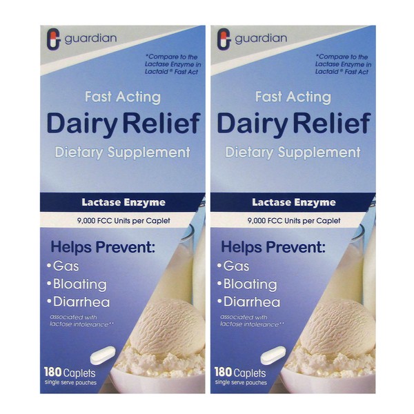 Guardian Dairy Relief Fast Acting Lactase, 360 Caplets, 9000 FCC Maximum Strength, Lactose Intolerance Pills, Lactase Enzyme Supplement (360 CT)