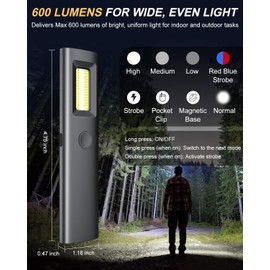 Yuspakone Rechargeable Flat EDC Flashlight - 600 Lumens White Light, Side Light with Red/Blue Strobe, Magnetic Base, Clip - for Repairing, Camping, Hiking