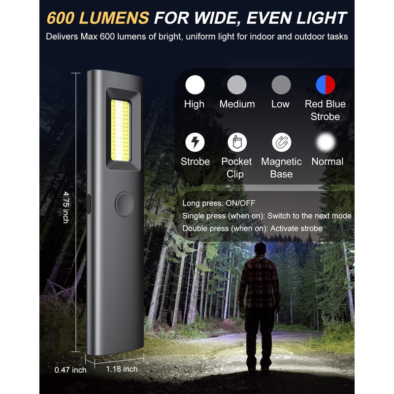 Yuspakone Rechargeable Flat EDC Flashlight - 600 Lumens White Light,