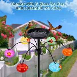 QwayHome 63in Adjustable Hummingbird Feeder Poles for Outdoor Hanging with 6Pcs Hand Blow Glass Hummingbird Feeders, Metal Bird Bath and Shepherds Hooks, Humming Bird Feeder Stations for Garden Decor