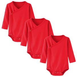 BINIDUCKLING Pack of 3 Baby Boys Girls Long Sleeve Wrap Bodysuits - 100% Cotton Baby Bodysuit with Side Poppers for Newborns - 12 Months, red