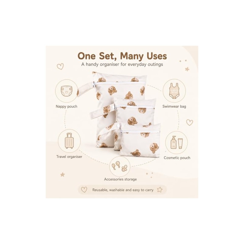 KIVORA 3 PCS Wet Bags for Babies - Bear Nappy