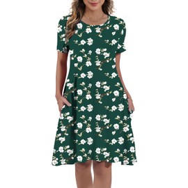 REGAI Womens Summer Dresses Casual Loose Tshirt Crew Neck Floral Short Sleeve Flowy Pockets Sundresses, Green Begonia Floral, XL