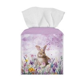 NETILGEN Tissue Box Cover PU Leather Square Paper Tissue Case Organizer for Bedroom Dresser, Tabletop, Dining Table, Office Desk Home Decoration, Easter Bunny Floral Purple