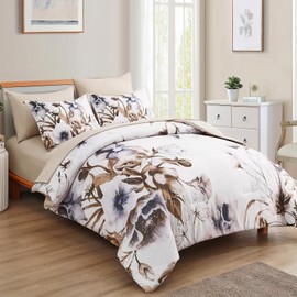 Luxudecor Floral Comforter Set Queen Size 7 Piece, Beige Flower Bed in a Bag, Elegant Floral Comforter with Sheet Set, Soft Microfiber Bedding Set for All Season (Beige, 90"x90")