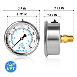 MEANLIN MEASURE 0~160Psi Stainless Steel 1/4" NPT 2.5" FACE DIAL Liquid Filled Pressure Gauge WOG Water Oil Air Center Back Mount, with 1/4" x 1/2" NPT and 1/4" x 3/8" NPT Hex Bushing