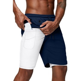 Pinkbomb Pantalones cortos de correr 2 en 1 para hombre, para gimnasio, entrenamiento, secado rápido, con bolsillo para teléfono, azul marino (Navy Blue2), X-Large