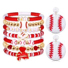 PHALIN Baseball Bracelets Earrings for Women Stackable Preppy Beaded Heishi Bracelets Beaded Dangle Earrings Game Day Sports Baseball Mom Jewelry Accessories Party Favors (Red White)