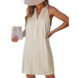 CUPSHE Womens Summer Dresses V Neck Sleeveless Striped Button Up Mini Casual Coverup Dress Beige XXL