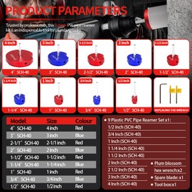 9 PCS PVC Pipe Reamer Kit, Fitting Saver Contains 1/2",3/4'', 1'',1-1/4",1-1/2'',2'', 2-1/2", 3'', 4'' Head Reamers, Plumbing Tools for Standard 1/2" Drills,Suit for PVC,CPVC, PP, PE and ABS Pipes