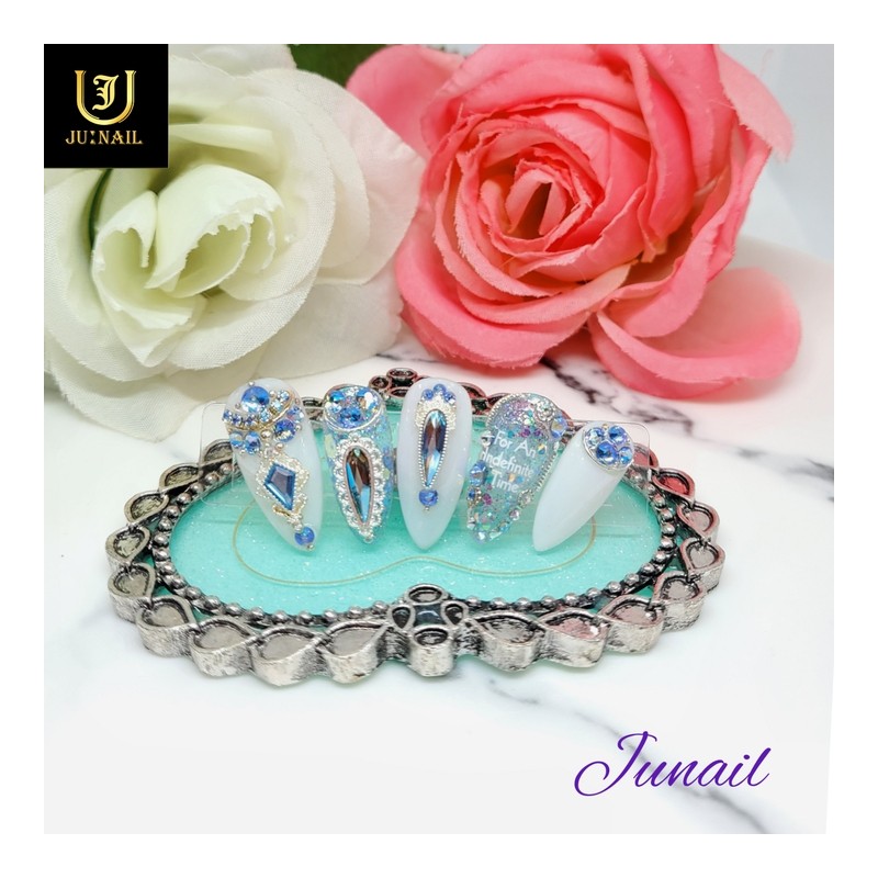 Lace Emerald Handmade Nail Tips✨ - Short Stiletto / 레이스에메랄드