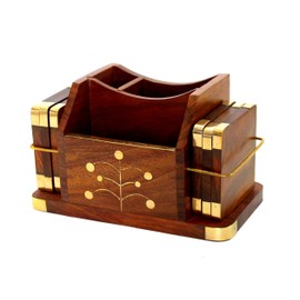 StonKraft Wooden Rosewood Desk Organiser, Coaster/Coasters Set, Pen Stand, Business Card Holder with Brass Work (Office Table Accessories)