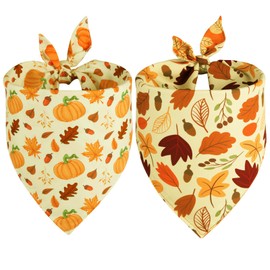 Doncida Fall Dog Bandanas 2 Pack, 4 Pattern Reversible Triangle Fall Pumpkins Autumn Leaves Thanksgiving Scarf for Medium and Large Dogs, Premium Durable Fabric Bibs for Pets (Large)
