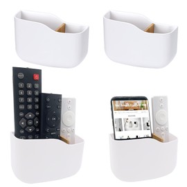 SUNFICON 4 Pack Remote Control Holders Adhesive Wall Mount Media Player Controller Holder Universal TV Remote Organizer Caddy Box Tray Hollow Bottom Phone Charging Home Office Desk Nightstand White