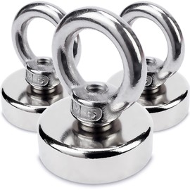 Sensei Pack of 3 Neodymium Eyelet Magnets, Diameter 25 x Height 32 mm, Very Strong Magnet in a Steel Casing, 20 kg Load Capacity, Magnetic Hook