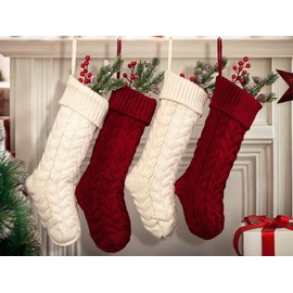Fesciory 18 Inches Christmas Stockings Bulk, 4 Pack Large Size Cable Knitted Fireplace Hanging Stockings for Family Holiday Xmas Party Decorations, Ivory White