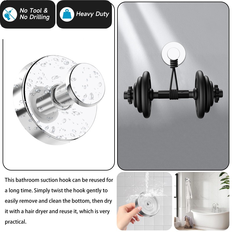 ELIUNG Shower Suction Hooks, 2 Pack Removable Bathroom Suction Hooks,