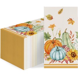 100 Pcs Fall Paper Napkins – Thanksgiving Watercolor Pumpkin Sunflowers Guest Towels, Autumn Disposable Napkins for Kitchen Dinner Table, Harvest Party, Bathroom Decor