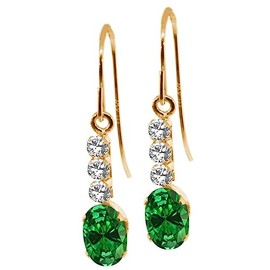 Gem Stone King 10K Yellow Gold Green Simulated Emerald and White Created Sapphire Drop Dangle Earrings For Women (1.49 Cttw, Gemstone, Oval 6X4MM)