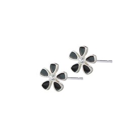 925 Sterling Silver Five-petals Flower Black/White Small Stud Earring (Black)
