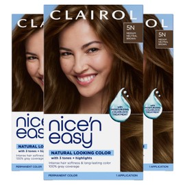 Clairol Nice'n Easy Permanent Hair Dye, 5N Medium Neutral Brown | 100% Gray Coverage | Long‑Lasting, Natural‑Looking Color & Shine | Pack of 3