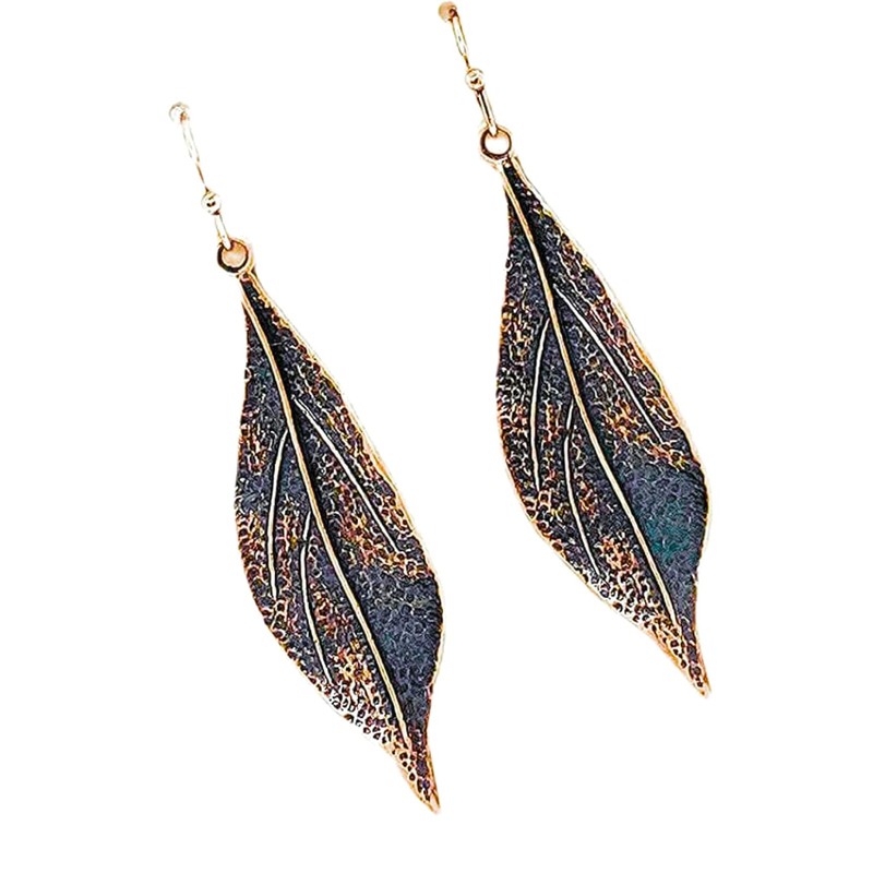 Wavy Leaf Copper Dangle Earrings Bohemian Boho