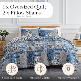 Southshore Fine Living, Inc. Global Patchwork Oversized Queen Quilt Bedding Set, 3-Piece Lightweight Coverlet and 2 Matching Pillow Shams, African Inspired Print, Quilt Full Size Bed Set, Blue