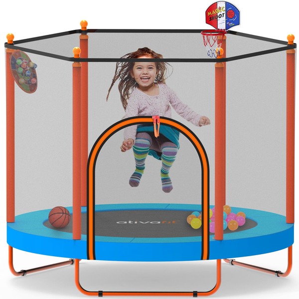 Ativafit 60'' Rebounder Trampoline for Kids Ages 1-8, 5 FT Recreational Toddler Trampoline with Enclosure Net with Basketball Hoop Dartboard Ocean Ball for Fun Indoor Outdoor