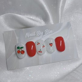 [Handmade Nail Tips] Cherry Sparkling Nails - Short Ballerina / [수제네일팁] 체리스파클링 네일 - 숏발레리나