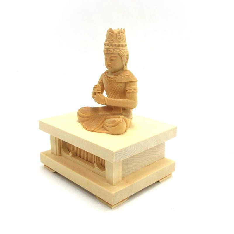 栗田こだわり仏像 【如来】 (金剛界)大日如来座像2.0寸（総高13.5cm、幅12cm、奥行8cm）桧木製高級木彫り 四角台付き 5568