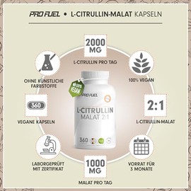 L-Citrulline Malate Capsules 360x - with 3000 mg L-Citrulline Malate per Daily Serving (4 Capsules) - Citrulline Malate in the Ratio of 2:1 - Laboratory Tested with Certificate - 100% Vegan - Supply
