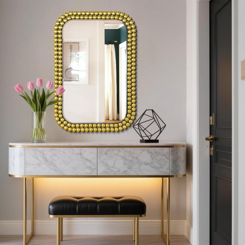 Wall Mount Bathroom Mirror Beaded Framed Baroque Decorative Vanity Mirror
