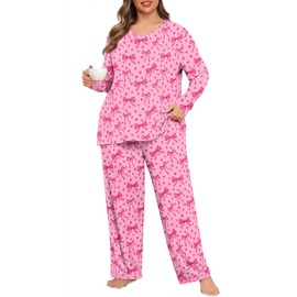 POSESHE Women’s Plus Size Pjs Two Piece Fall Pajama Sets Plus Size Soft Cute V Neck Lounge Nightwear,Pink Bow,3XL